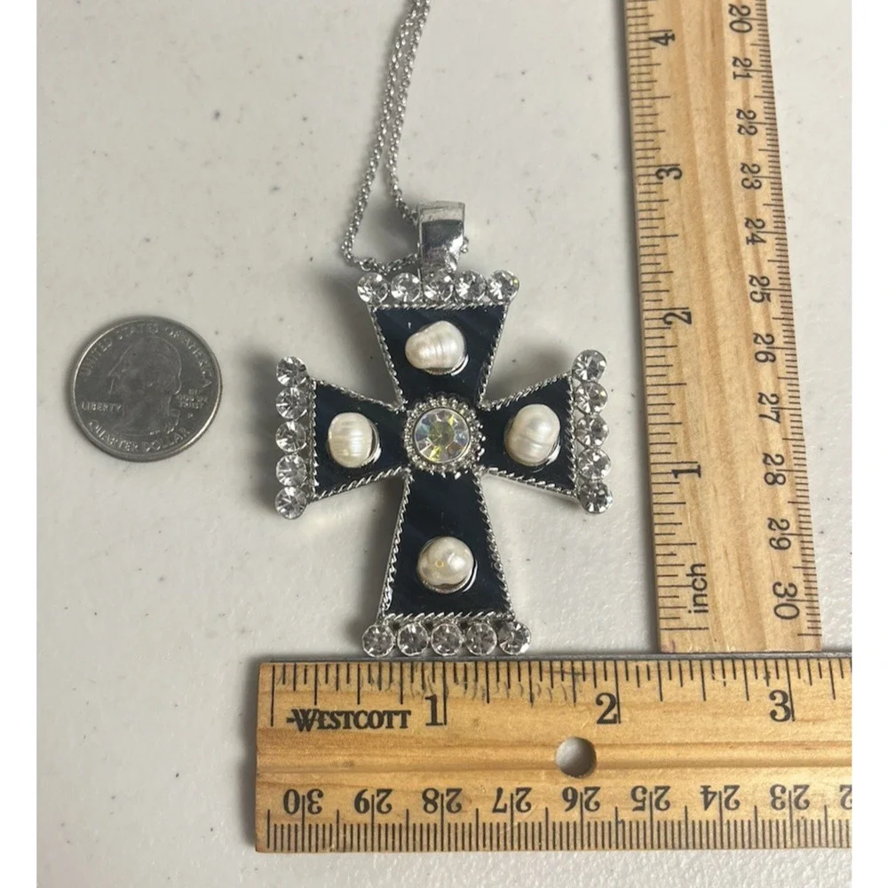 Chunky Byzantine Black Cross Necklace Baroque Pearl Rhinestone Magnetic Clasp 3